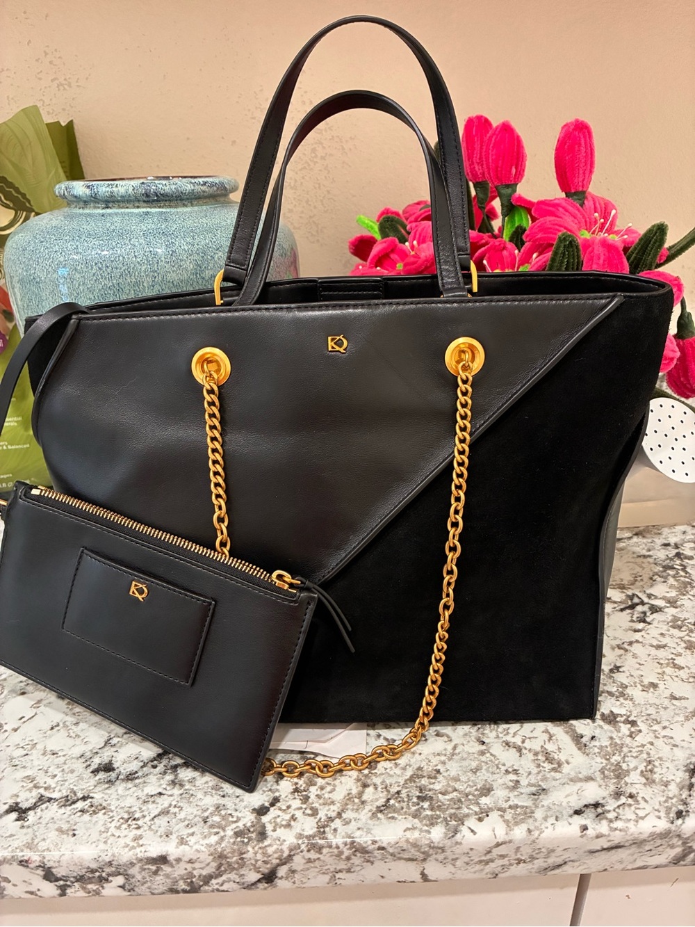 Donna Karan Black Leather & Suede Tote with Gold Chain Straps